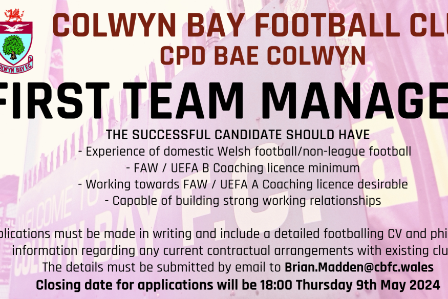 Colwyn Bay FC advertises for a First Team Manager